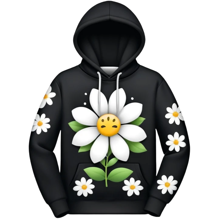 The BLACK Hoodie features a black base with distinctive white open flower spots with empty space in the middle, These hollow ring-like patterns are scattered across. emoji