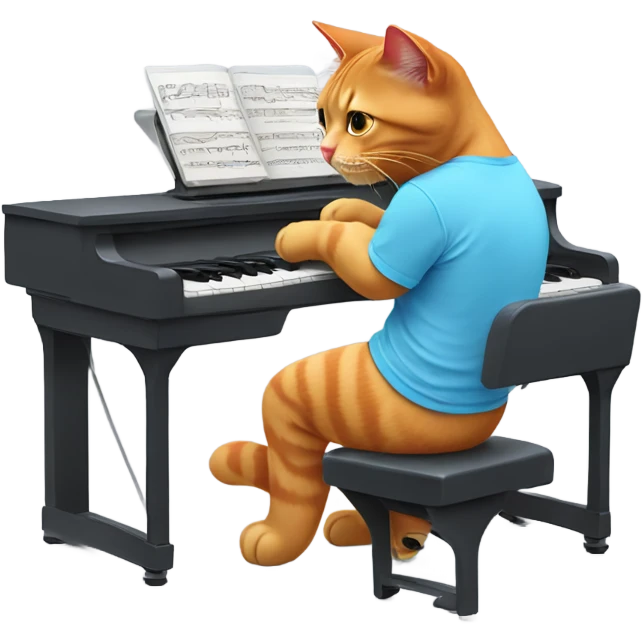tan-red cat wearing a light-blue t-shirt and a blue base cap taps musical keyboard emoji