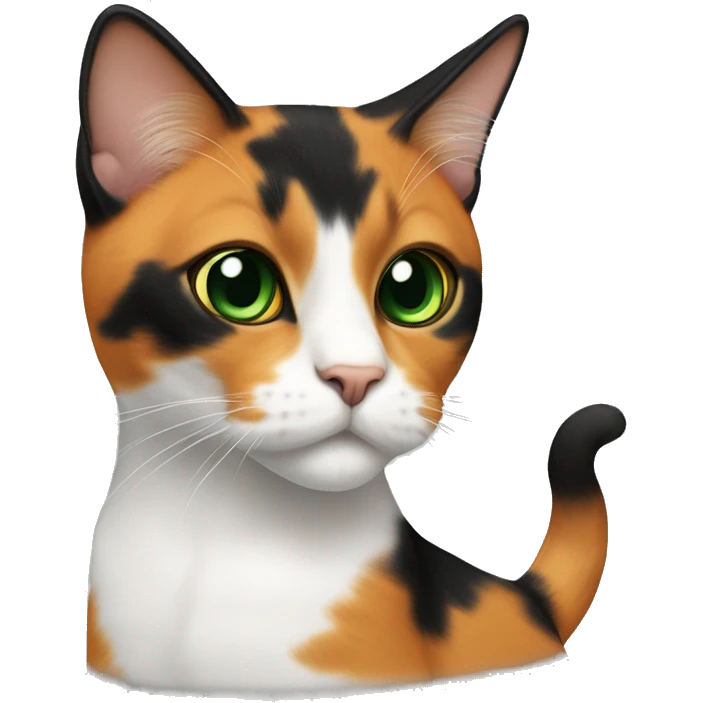 calico cat with green eyes.  a distinct black pattern around her eyes, The orange fur on her face extends from her forehead down to her mouth, creating a. Her chest and front legs are mostly white, emoji