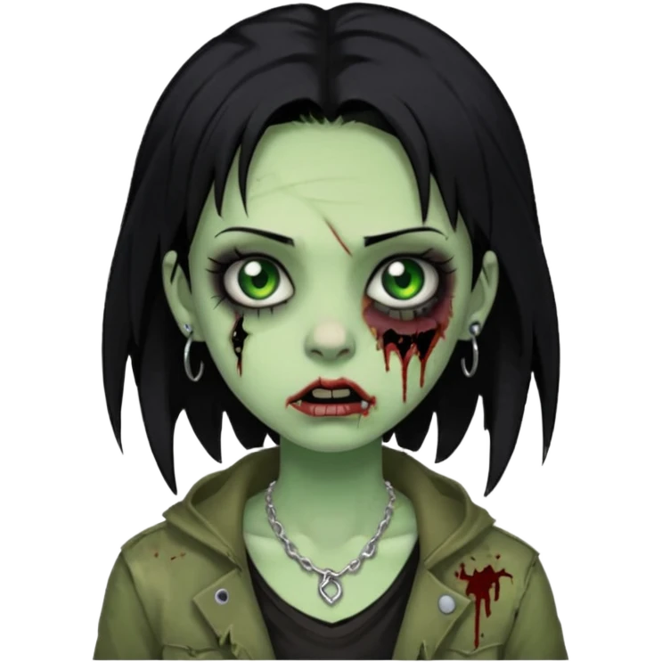 quero que me faça igual a anterior, como um zumbi, porém, a menina deverá ter cabelos pretos e olhos verdes, e um piercing na sobrancelha e um na boca emoji