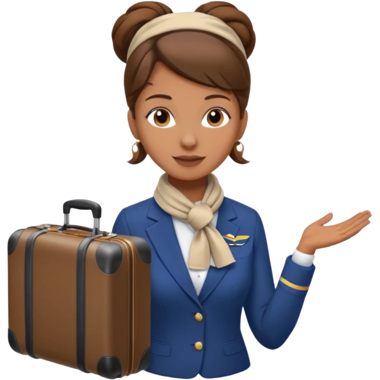flight attendant, Light Brown skin, brown hair in single bun, neck scarf, suitcase emoji