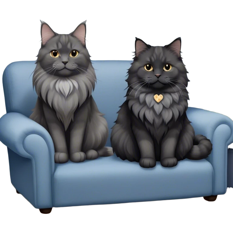 A large black smoke Maine Coon cat with long grey ear tufts and a fluffy grey ruff, sitting next to a chubby British Shorthair cat in blue color with plush fur, both sitting comfortably on a sofa. Beautiful room background with flowers and soft lighting. Transparent background. emoji