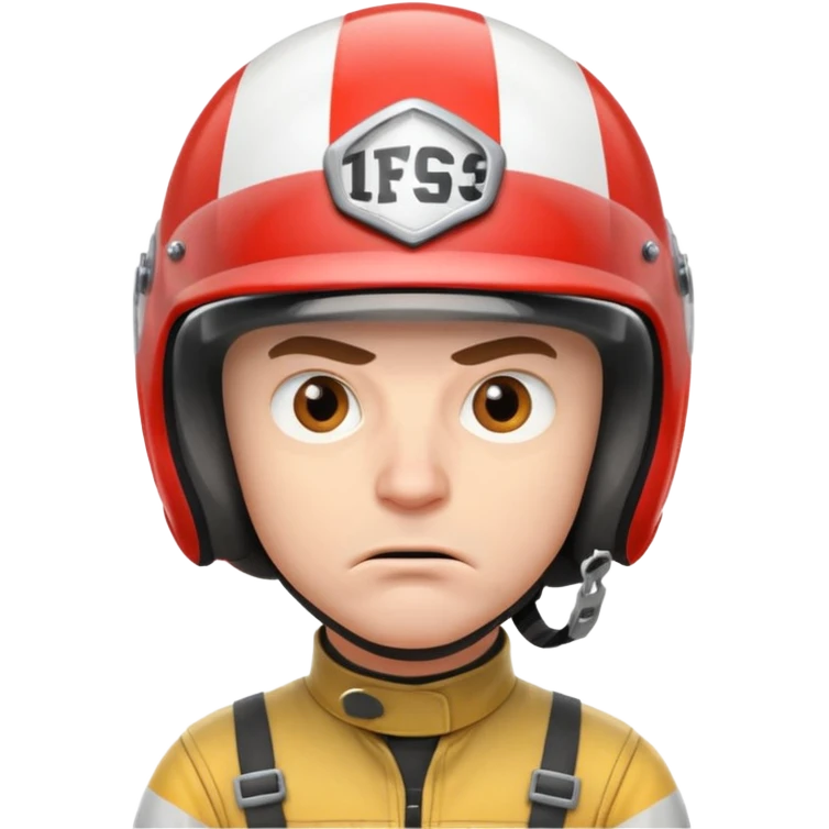 white male racer in helmet, crazy look, taking risks, very serious face, angry emoji