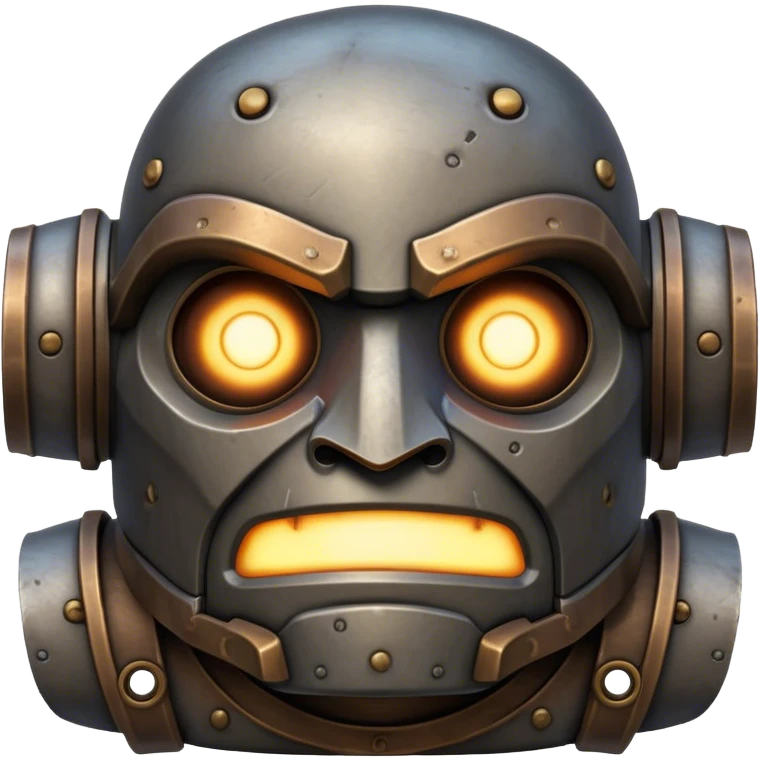 Cinematic Noble Mighty Iron Golem Portrait Emoji Poised and imposing, with a towering, metallic form forged from intricately detailed plates of burnished steel and ancient bronze, etched with faint traces of runes and weathered marks of time. Its piercing, glowing eyes radiate unwavering resolve, casting a solemn and commanding presence; rendered with lifelike texture and natural metallic highlights, high shine, elegant yet indomitable, styled with an aura of legendary endurance, focused and resolute, soft glowing outline, capturing the essence of an eternal guardian, standing vigilant and immovable as if ready to awaken at any moment with unstoppable might! emoji