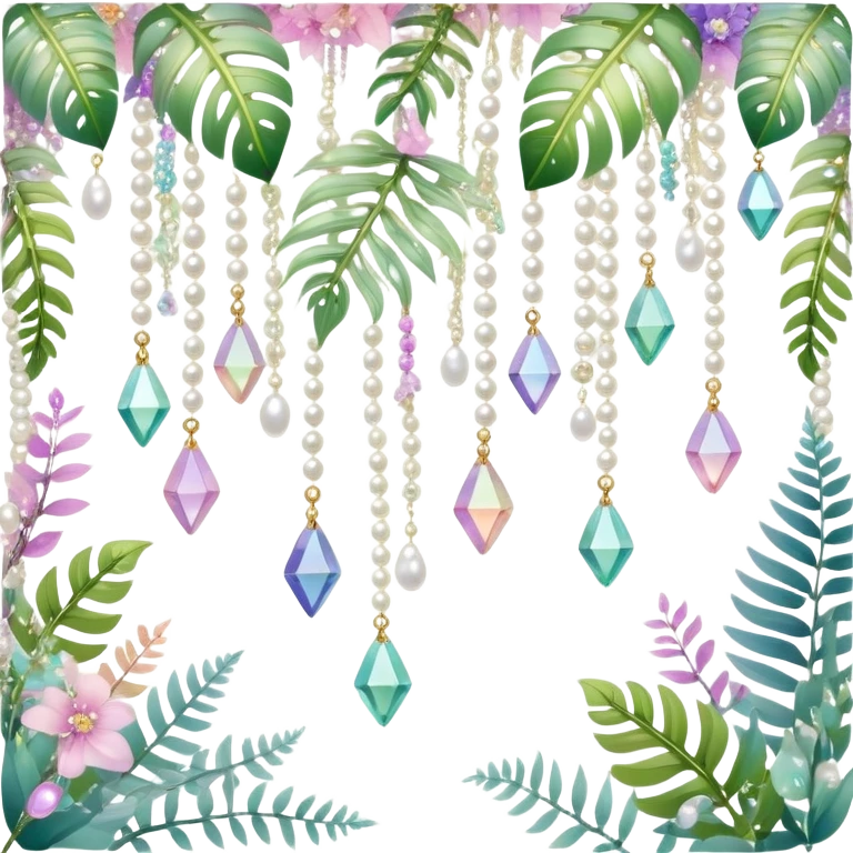 Exotic romantic pretty pastel Few cute tiny Iridescent glistening glossy sparkly shiny glittery hanging crystals pearls and beads and gemstones scenery scenic decorations with vines and ferns and flowers emoji