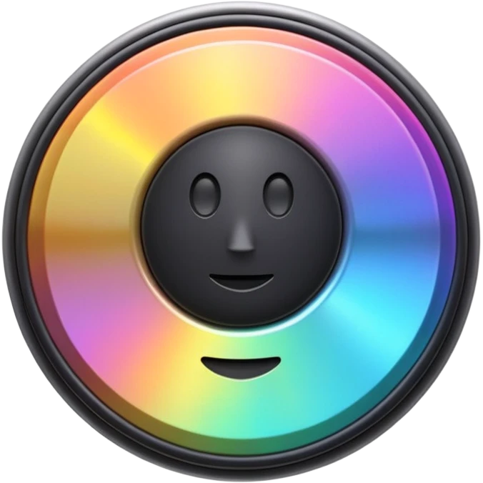 A speaker emoji 🔊 with a smooth CD-like surface that reflects iridescent colors shiny plastic body, prismatic reflections shifting across the front, soft sparkles and light gleams, holographic sheen, clean simple shape, bright colorful highlights emoji