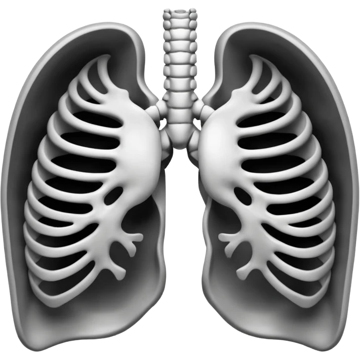 3D render of Ribcage, X-Ray imaging aesthetic, translucent materials showing internal structure, skeletal chest bones in high contrast black and white, medical scan style, Apple emoji style, isolated on white background --v 6.0. emoji