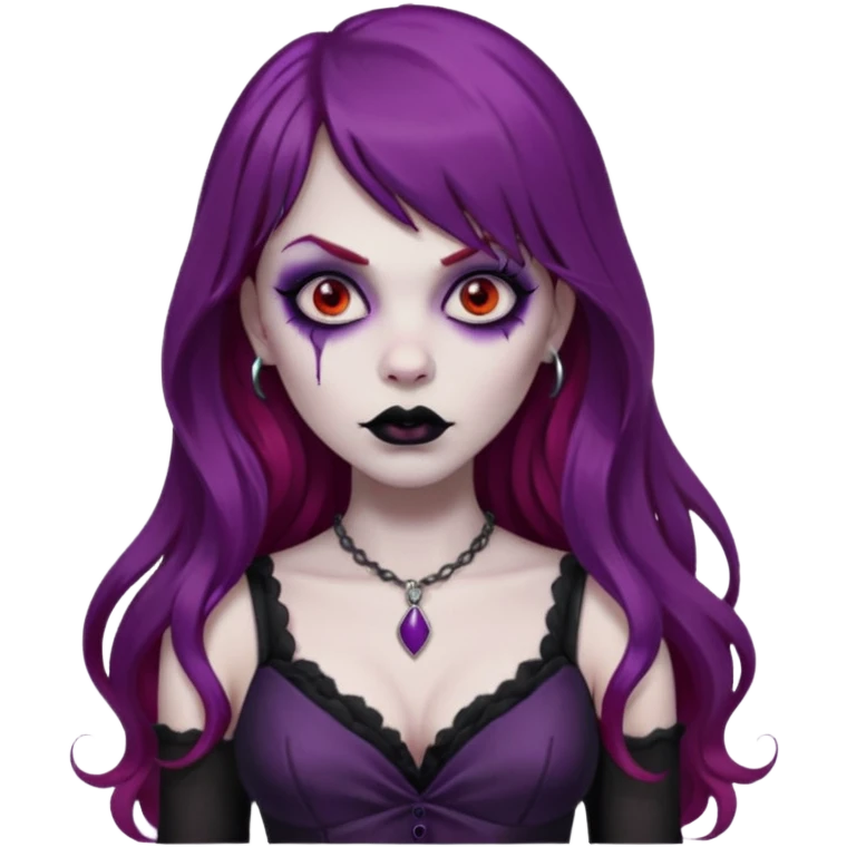vampira gótica zumbi de cabelo longo e vermelho quase roxo e franja e roupa com decote e batom preto emoji