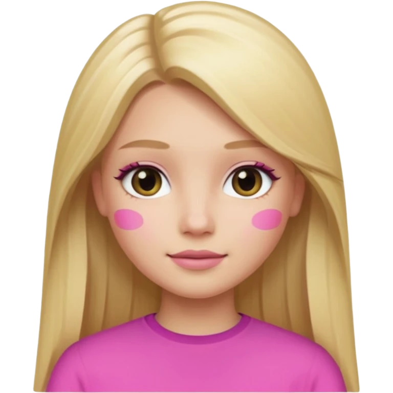 a blonde girl with long straight hair, pretty face, light day makeup wearing pink memoji emoji