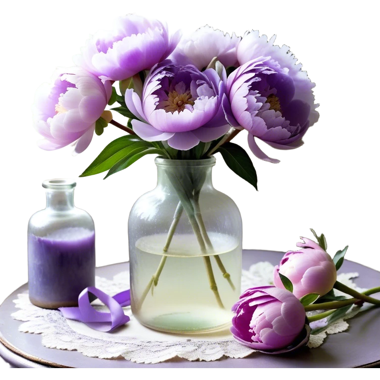 A vintage glass bottle with a slightly uneven surface holds a collection of pastel purple peonies, their petals unfolding in soft layers. A hand-dyed violet ribbon wraps around the neck of the bottle, its edges slightly frayed. Light passes through the dusty glass, casting shadows of overlapping petals onto a lace-covered table. A few loose petals rest nearby, their color fading toward the edges." emoji