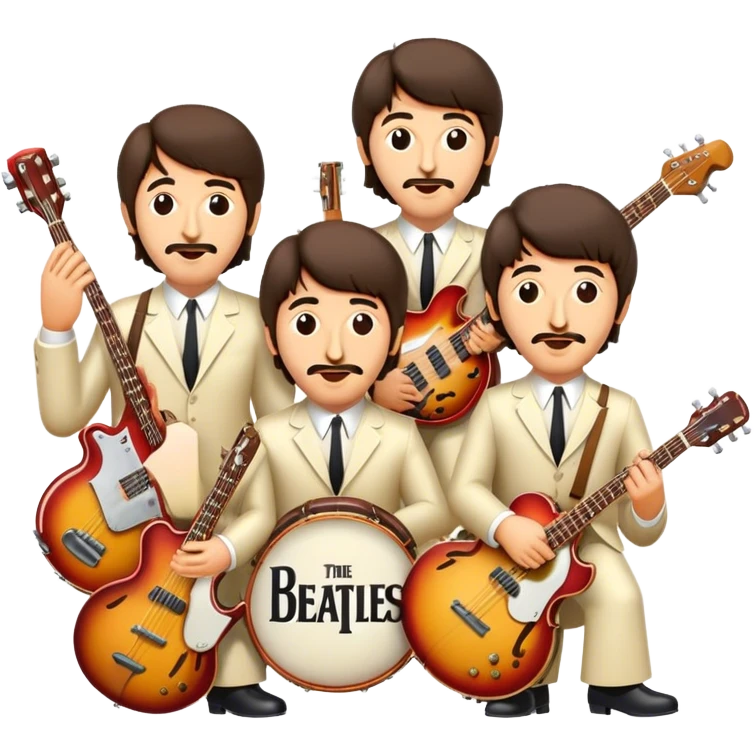 Cinematic Realistic The Beatles Group Emoji, depicted as an iconic band of four exuding playful charisma and musical genius with retro instruments and vibrant expressions, rendered with rich textures and nostalgic dynamic lighting that captures their legendary impact on pop culture. emoji