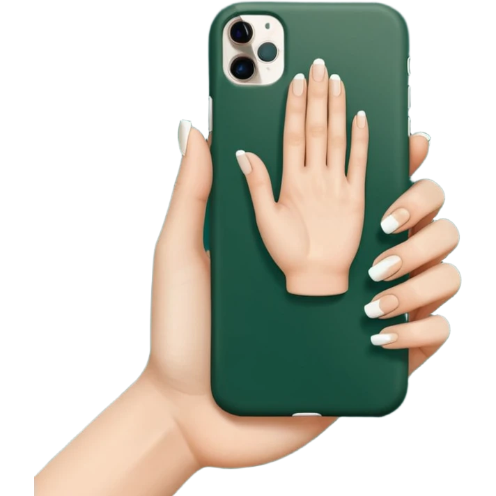 female hand with nude manicure (5 fingers) holding a white iPhone in a dark green case, angled view, minimalism, emoji style emoji
