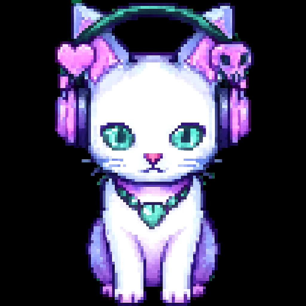 Add cute pastel goth hair clips to the cat ear headphones, keep the style and background as is. Maintain the original look and feel of the image. emoji