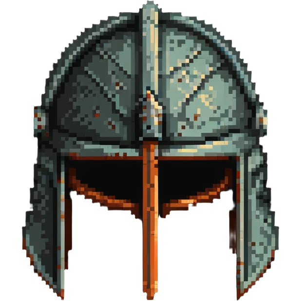 Ancient knight's helmet with light rust patina and worn appearance emoji