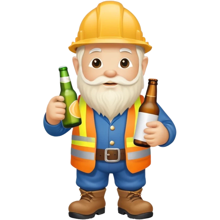 Garden gnome wearing construction clothes holding a bottle of beer emoji