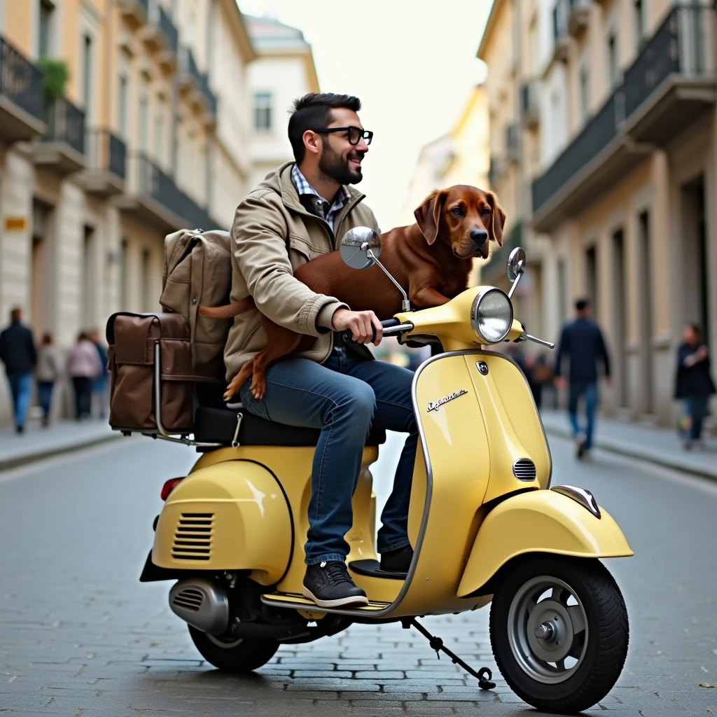 man and his pet dog riding a vespa emoji