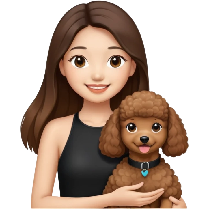 a asian girl with long brown straight balayage hair, long lashes, smiling, wearing black halterneck top, and holding a brown poodle emoji