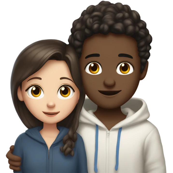A light brunette girl with brunette eyes who is approximately 5,2 with a black hoodie and pijamas hugging a blue eyed light brunette boy with freckles wearing pijamas and a white hoodie emoji