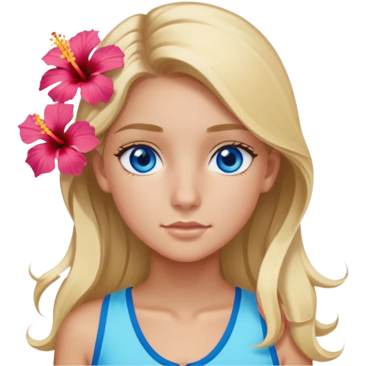 preppy coastal teen girl with blue eyes, beach blonde hair, tan skin, hibiscus flower in her ear, preppy beach outfit emoji