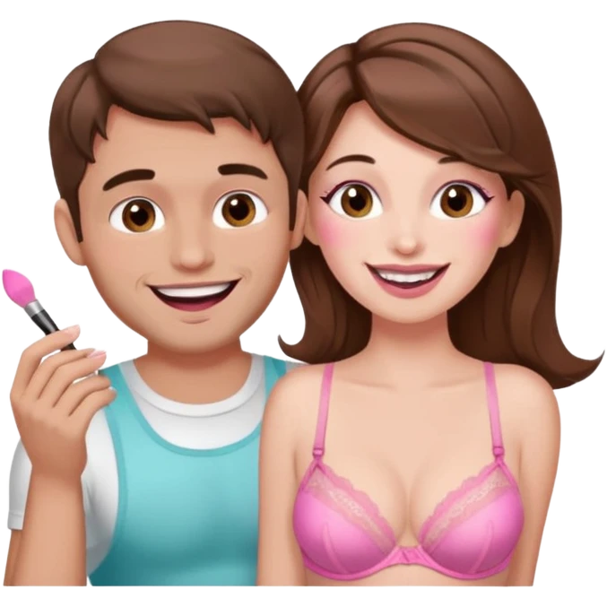 brown hair male getting sissified in pink lingerie dress by his wife. the wife is crying with laughter. she is doing makeup emoji