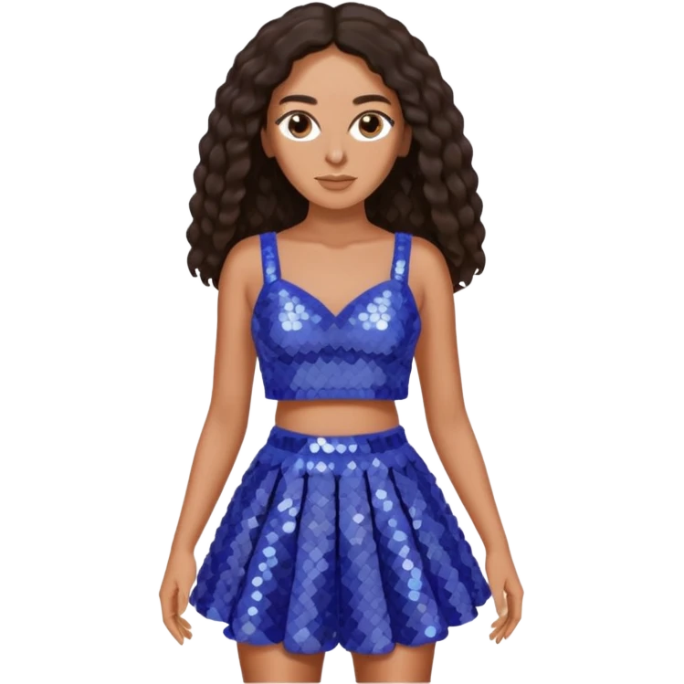 Solange with dark brown long hair, periwinkle sequin crop top and skirt emoji