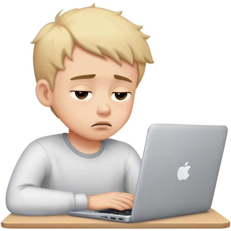 Boy using laptop and is tired looks sleepy emoji