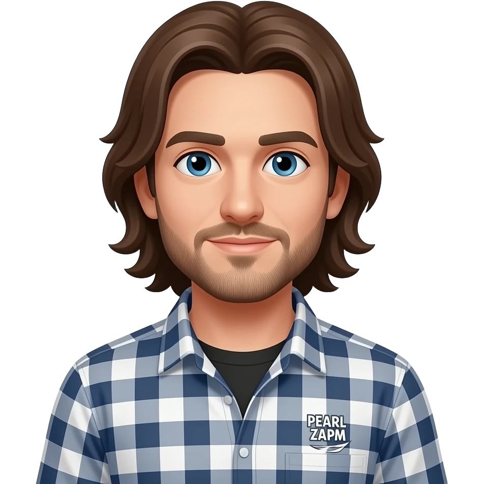 man with long brown hair, checkered shirt logo "pearl jam" on shirt emoji
