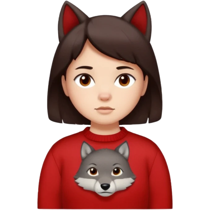 make a girl that has a boyish wolf cut thats right above the shoulders, give her a red sweater that says “ About you, the 1975 “ and make her face just right chubby but slso not too chubby. ( make it a white background and make the hair dark brown and also the eyes dark brown ) emoji