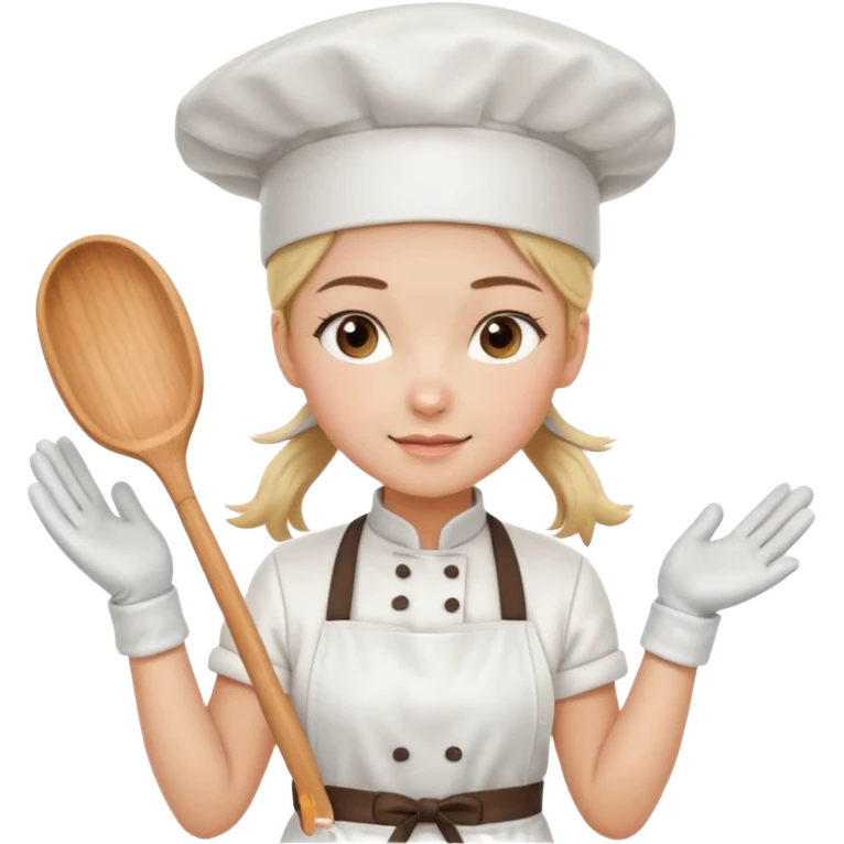 Young female pastry chef - single ponytail, apron, white chef's hat, wearing insulated gloves emoji