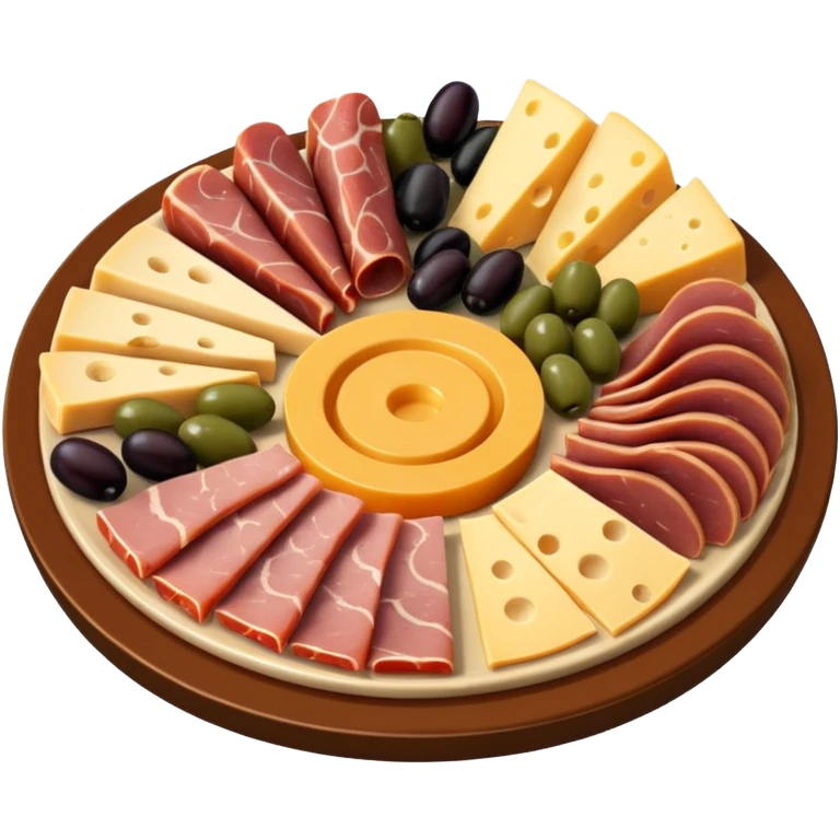 A 3D cartoon platter of assorted deli items like sliced meats, cheese, and olives, colorful and appetizing, Memoji-style. emoji