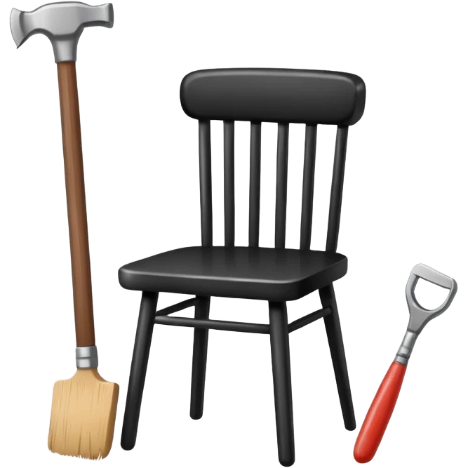 Minimalistic flat vector icon, iOS style, thin black contour on white background. Chair with hammer and paintbrush. No text, no shadows emoji