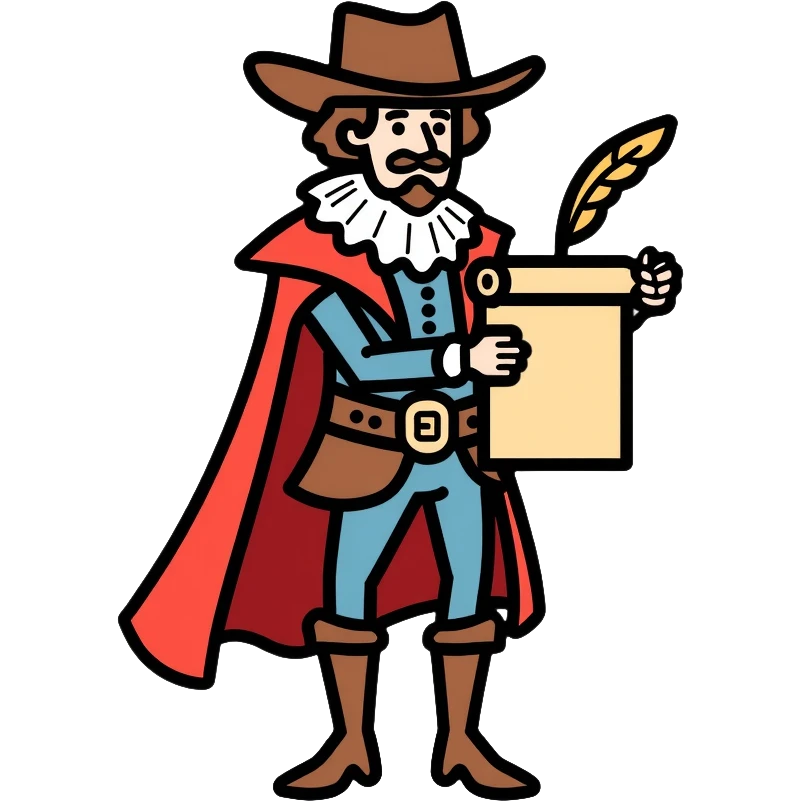 Shakespeare in a cowboy outfit with a scroll and quill emoji