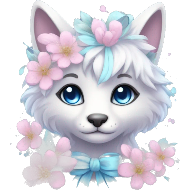 Anthro Cute Cool Pastel Kawaii gorgeous sparkly ethereal fantasy animal creature with blue eyes furry sona with flowers and ribbons beautiful aesthetic emoji