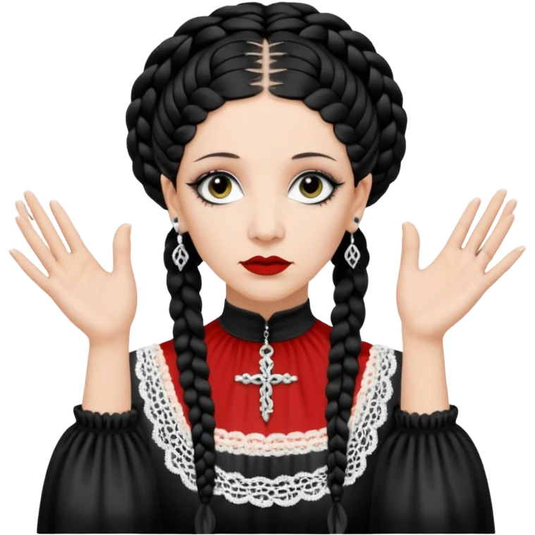 Lene Lovich as seen on the Stateless album cover with a typical symmetrical pose with her hands, lots of lace and braided hair emoji