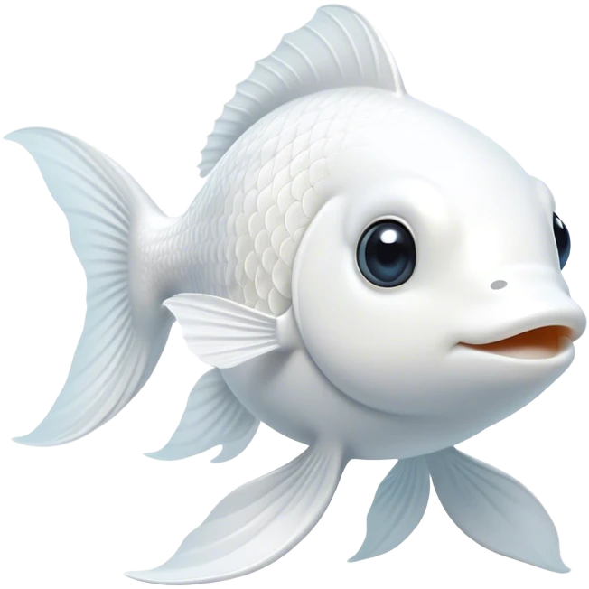 Cinematic Noble White Goldfish Portrait Emoji, Poised and regal, with a sleek, streamlined build and a luminous, pure white body, deep-set soulful pale eyes, Simplified yet sharp and sophisticated features, highly detailed, glowing with a soft, dignified glow, high shine, intelligent and graceful, stylized with an air of aquatic purity, focused and attentive, soft glowing outline, capturing the essence of a watchful and confident aquatic companion, so majestic it feels as though it could glide out of the screen with effortless authority! emoji