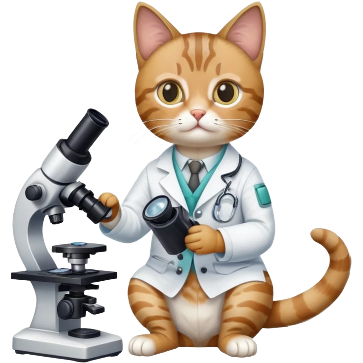 cat full body sitting with a microscope and scientist outfit emoji