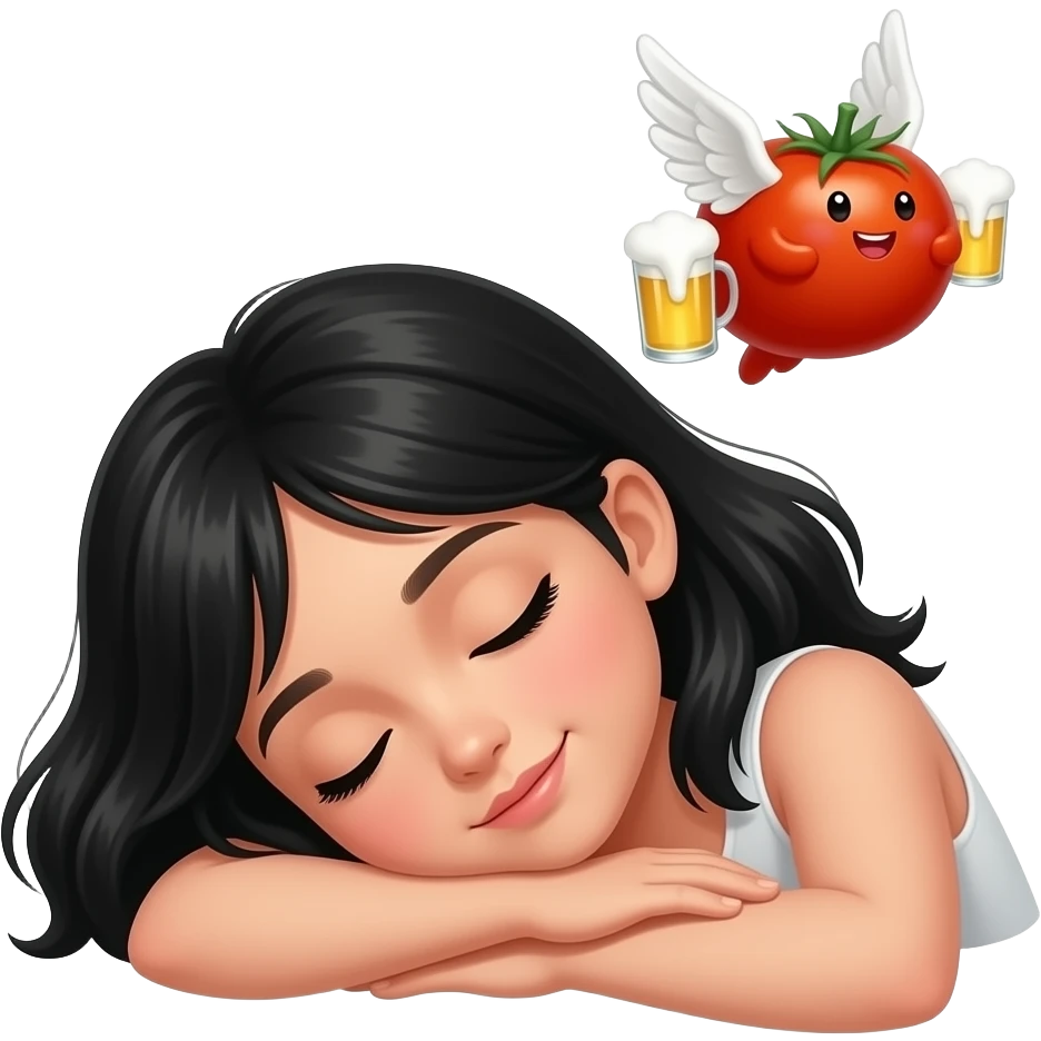 Спит девушка с черными волосами а ей снится летающее томатное пиво с крыльями которое летает вокруг нее emoji