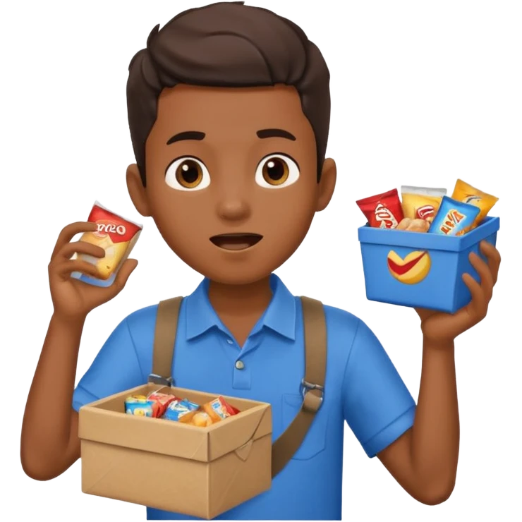 A young vendor boy with a snacks box strapped to his chest, calling out loudly. emoji