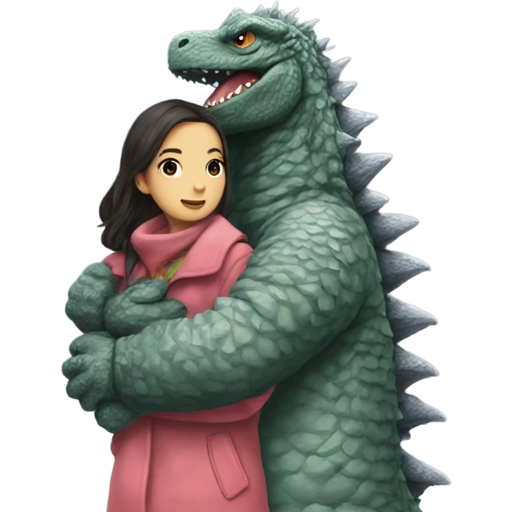 godzilla holding a pretty girl in a cute coat  emoji