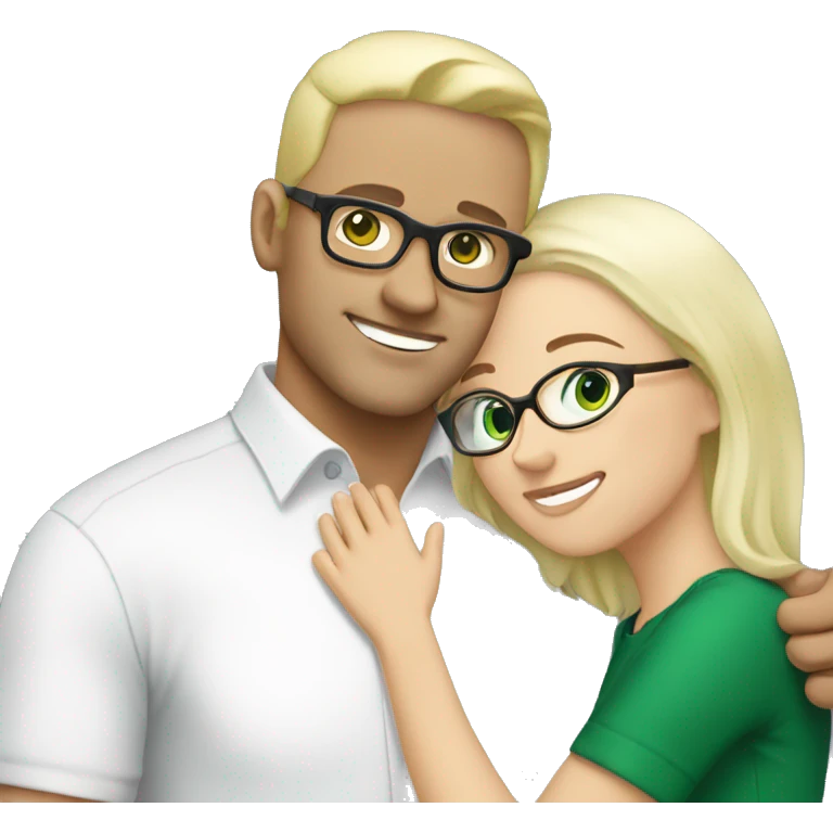 White Blonde woman with green eyes hugging white black haired man with brown eyes and glasses emoji