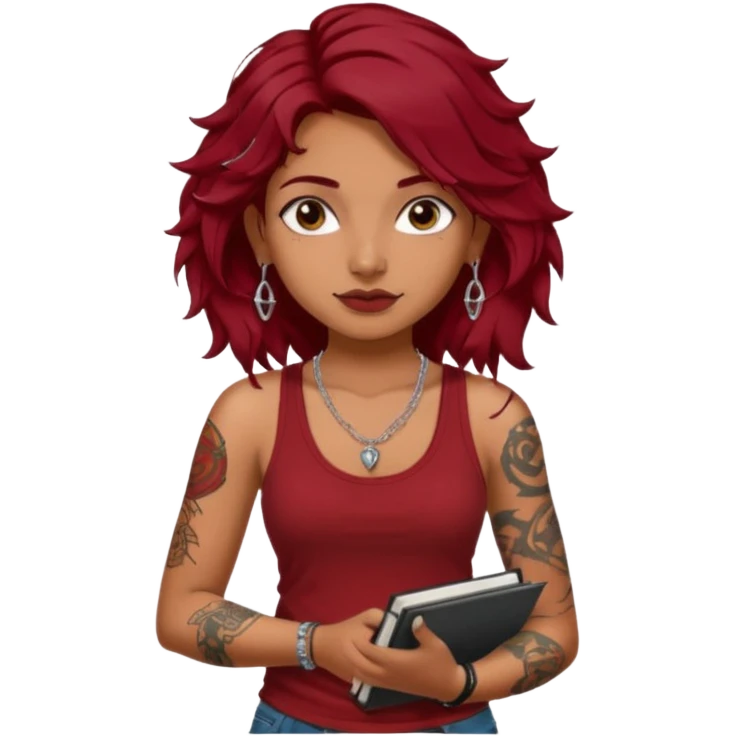 a pretty tan indian bratz girl with messy dark wavyred hair, wearing a dark red tank top, layered silver necklaces. Carrying multiple sketchbooks and pens, tattoos on arm emoji