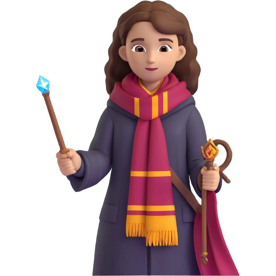Hermione Granger with wand and Gryffindor scarf emoji