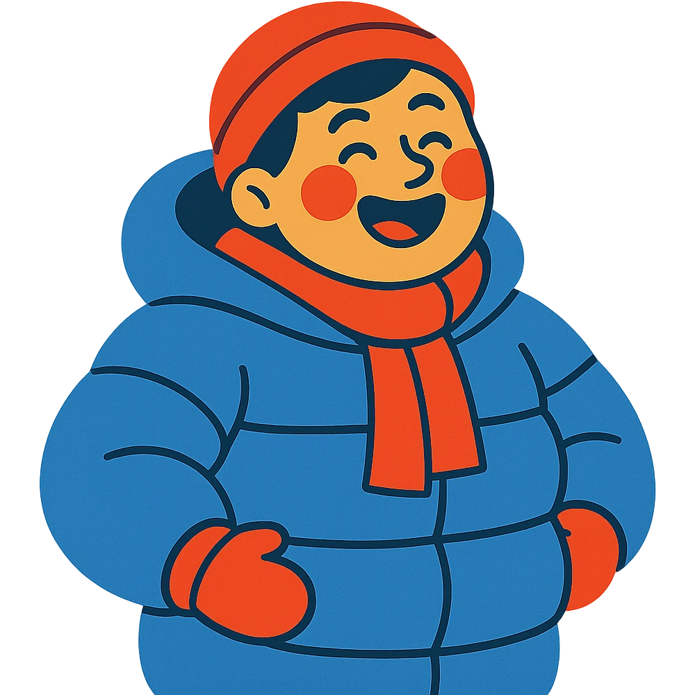 smiling person in a puffy winter coat, cheeks rosy from the cold, looking delighted emoji