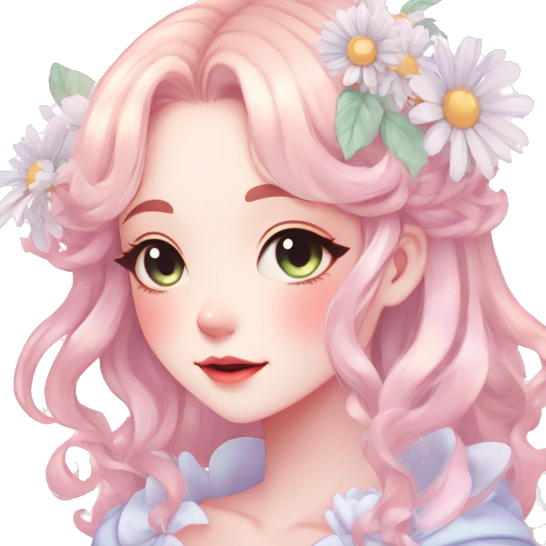 Gorgeous pastel anime style lady with blushing face and daisies cottagecore fairycore pastelcore shiny colorful pearly romantic simplistic aesthetic trending style emoji
