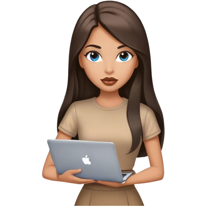 Glamours tanned very beautiful girl with big pump peach lips and dark chocolate straight smooth long hair, blue-grey eyes in brown/beige short sleeves clothing with MacBook emoji