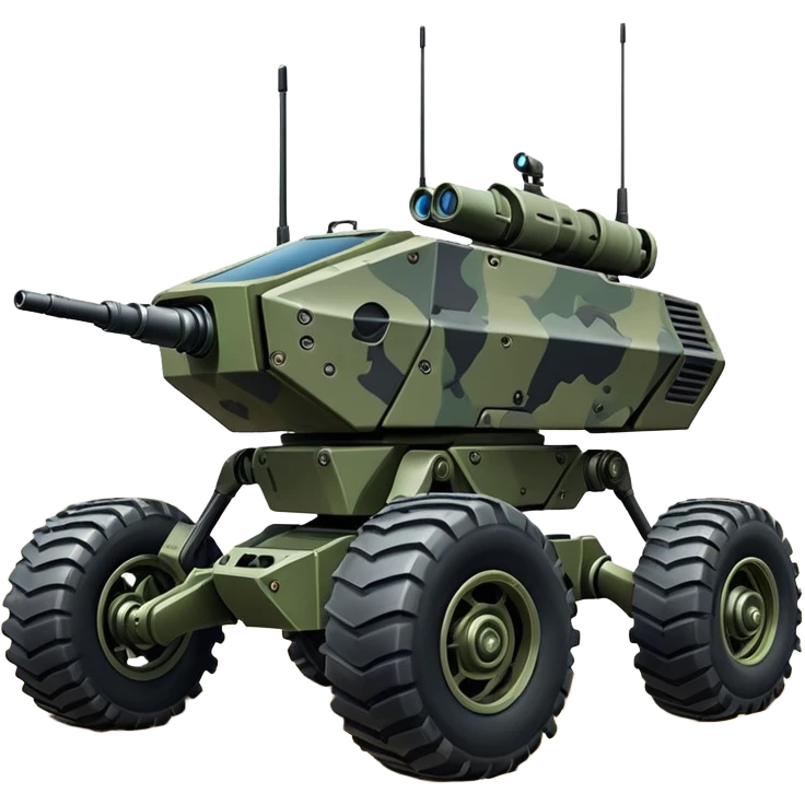a roomy 4-wheel armored personnel stealth camouflage army massive mech trail vehicle shooting forward side-hill leaning actively independent suspended pod gimbal enemy mech off-road racing rover with large fast engine  emoji