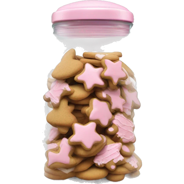 Realistic glass cookie jar with light pink lid full of gingerbread cookies isolated.  emoji