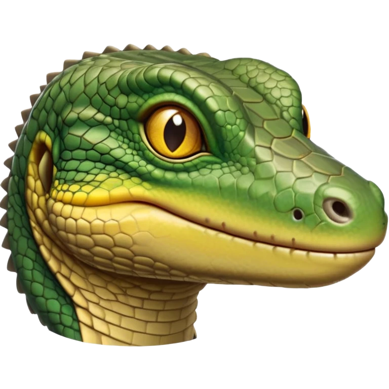 cinematic-realistic-cute-monitor-lizard-portrait-emoji,-head-tilted-playfully-and-inquisitively,-featuring-a-compact,-agile-body-with-finely-detailed,-glossy-scales-in-earthy-olive-hues-and-a-distinct,-alert-face-with-bright,-curious-eyes, yellow and dark green emoji