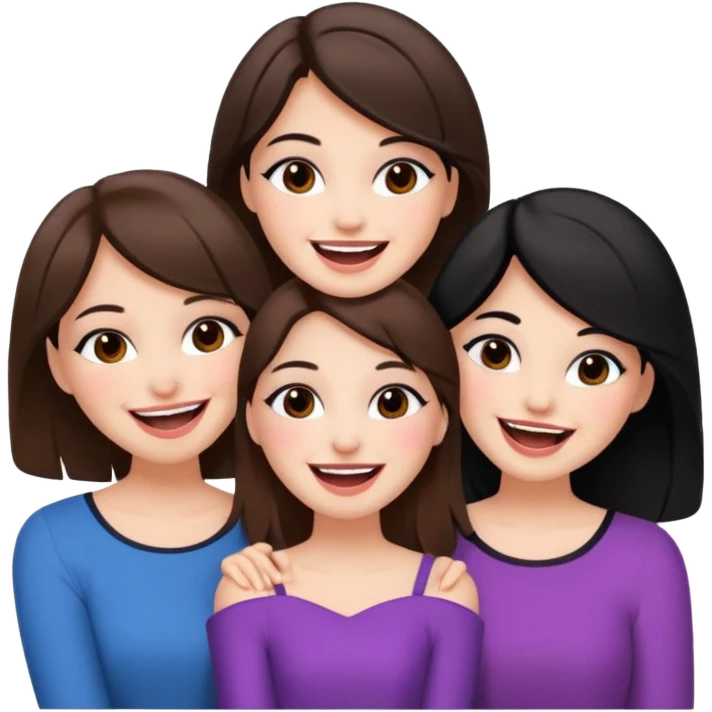 3 brown friends having fun, one with black hair, 2 with brown hair, girly style emoji