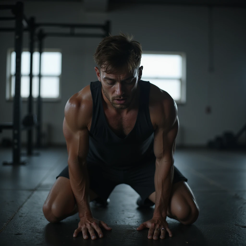 young man training alone in an empty gym, face strained with effort, hands on knees, sweat dripping, cold lighting, atmosphere of struggle and solitude, hyperrealistic 4K details emoji